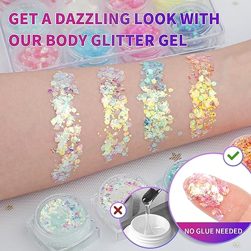Glow in The Dark Body Face Glitter Gel for Women, 12 Colors Glitter Gel Makeup Chunky Fine Glitter, UV Black Light Accessories for Body/Face/Hair/Eyeshadow, Carnival Party(Not Loose Glitter)