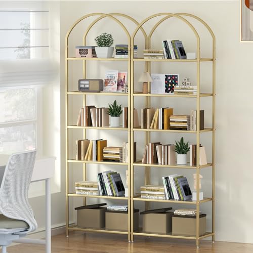 Tall Gold Bookshelf with Glass Shelves - 6 Tiers, Arched Design, 73.6"H