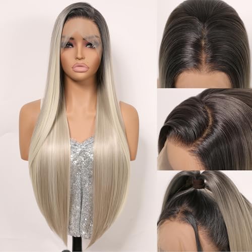 Balayage Ice Platinum Blonde Lace Front Wig with Dark Roots - Ash Blonde Highlights for Women