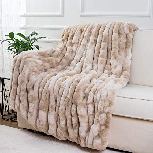 Luxury Faux Fur Throw Blanket - 60x80 Inches, Tie-Dye Beige, Soft & Cozy Couch Decor