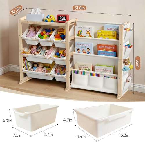 Kids Toy Storage Organizer with Bookshelf and Bins - Solid Pine Nursery Shelving