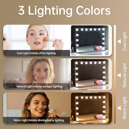 Hollywood Vanity Mirror with Lights, 23"x18" Lighted Makeup Mirror with 10x Magnification for Desk/Wall Mount, 15 Led Bulbs, 3 Lighting Modes for College Dorm, Bedroom, Dressing Room (White)