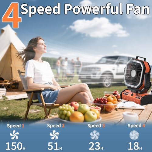 Rechargeable 12 Inch Camping Fan with 40000mAh Power Bank - Orange Variation