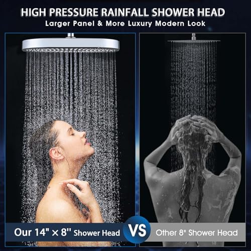 14 Inch Rain Shower Head & Handheld Combo with 5+1 Settings, Chrome Finish, 16'' Adjustable Extension Arm, Extra Long Hose