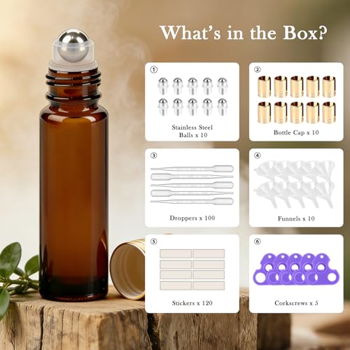 PrettyCare Set of 120, Bulk 10 ml Essential Oil Roller Bottles with Stainless Steel Roller Ball - Refillable Leak-proof Empty Thick Amber Glass Roll on Bottles with Golden Caps for Travel, Perfume
