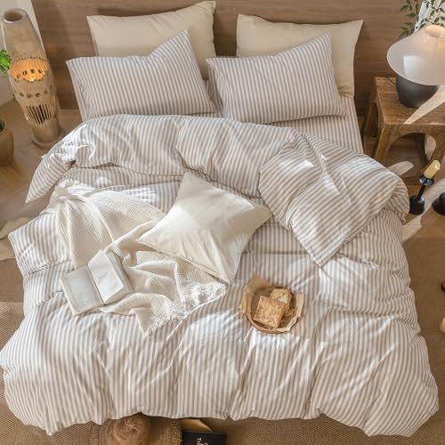 Striped Duvet Cover Set Queen - Classic Tannish Linen Grey White, 100% Washed Cotton