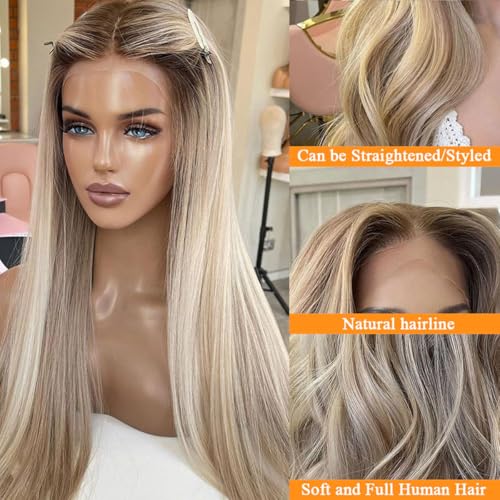 18 Inch Ash Brown Lace Front Wig with Highlights - Human Hair, Glueless, Pre-Plucked, Ombre Blonde & Brown Variation #8T18P60