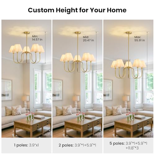 Brushed Gold Modern Farmhouse Chandelier 28" Adjustable Linen Shade Pendant Light