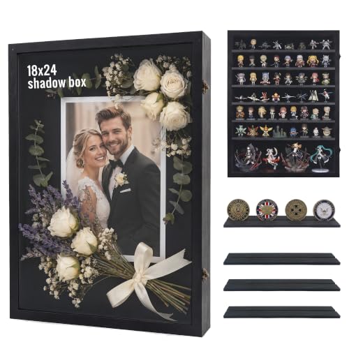 Black 18x24 Wooden Shadow Box Frame with Removable Shelves - Deep Display Case for Medals Keepsakes