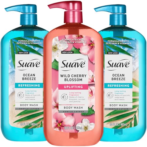 Suave Body Wash 3-Pack - Ocean Breeze & Wild Cherry Blossom, Moisturizing Shower Gel