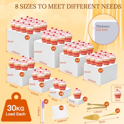 Cherizia 10-Piece White Acrylic Buffet Risers Set with Mini Sign Tongs & Cake Cutter - 3 to 10 Inch Variations