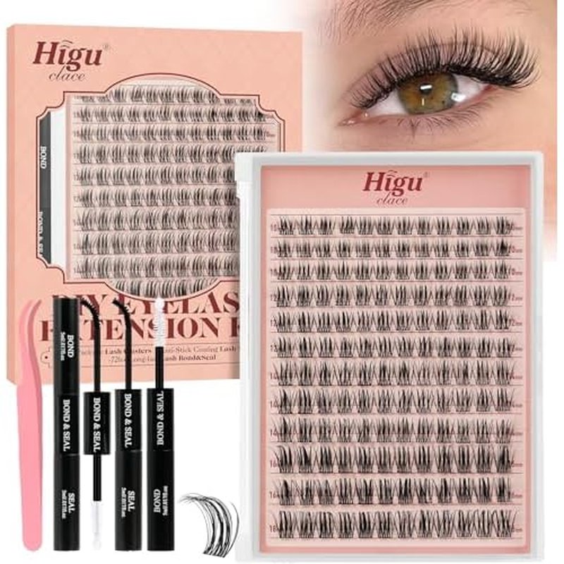 Higu clace Lash Clusters Kit, 144PCS Lashes Clusters Kit with Lash Bond and Seal, C Curl Wispy Cluster Eyelash Extensions Natural Look with Thin Band Easy to use for Beginners (A09£©