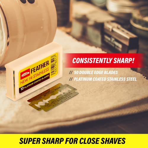 Feather Double Edge Safety Razor Blades - Pack of 50 - Platinum Coated Hi-Stainless Steel - Fits Most Razors - Sharp & Japanese Quality