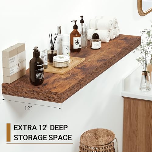 Vivelove Rustic Brown 36 Inch Floating Shelves Set of 2 - Deep 12" Wall Storage