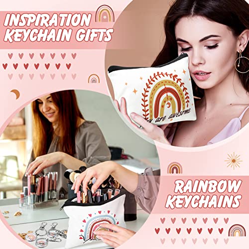 Pinkunn Christmas Rainbow Canvas Cosmetic Bag Bulk with Inspirational Quote Keychains Set 16 Pcs Cosmetic Bags 16 Pcs Keychains You are Amazing Beautiful Kind Travel Pouch Zipper