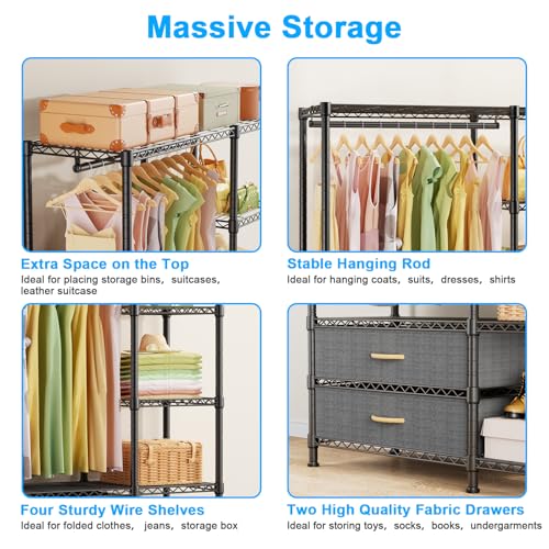 Black Heavy Duty Freestanding Clothes Rack with Fabric Drawers - Adjustable & Portable, 72 Inch Height