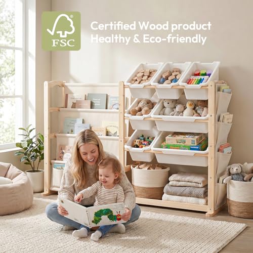 Kids Toy Storage Organizer with Bookshelf and Bins - Solid Pine Nursery Shelving