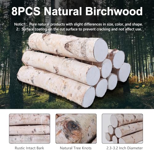 8 Pack Large Diameter Birch Logs for Fireplace Decor & Crafts - Natural Wood