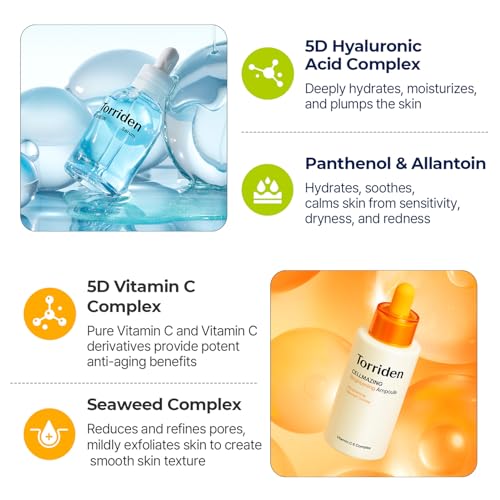 Torriden DIVE IN Serum 1.69 fl.oz + CELLMAZING Vita C Ampoule 1.01 fl.oz | Serum Duo to Get Glass Skin | Refining Skin Texture | Korean Skin Care