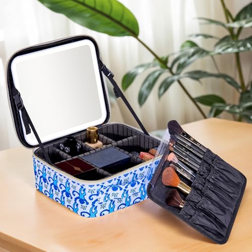 Portable Makeup Train Case with LED Mirror - Blue Travel Organizer & Mirror