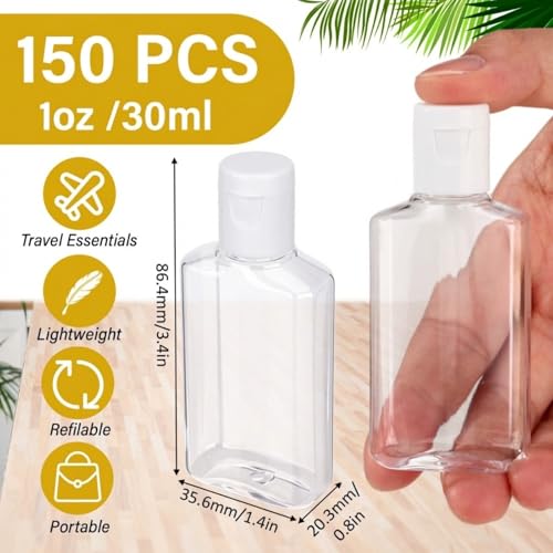 150 Pcs 30ml Clear Refillable Travel Bottles with White Flip Cap - Leakproof