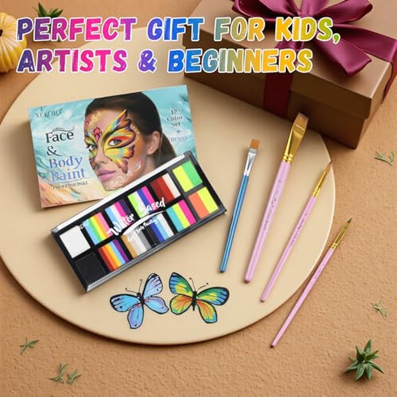Face Paint Kit for Adults ? 12 Color Rainbow Split Cake Face Painting Kit with 4 Brushes, Water Activated Face Paint Palette, Professional Facepaint Makeup Set for Halloween Cosplay Parties