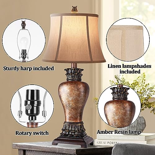 Hamucd 27-inch Set of 2 Rustic Farmhouse Table Lamps for Living Room & Bedroom, Brown, Dimmable 3-Color Temperature
