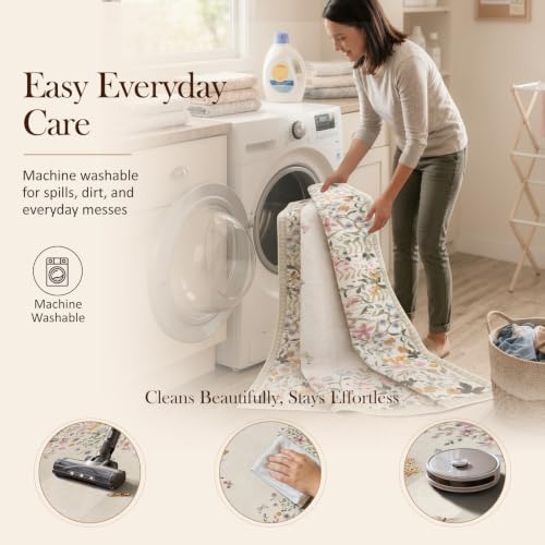 6x9 Beige Washable Boho Floral Area Rug - Non Slip Low Pile Nursery Carpet