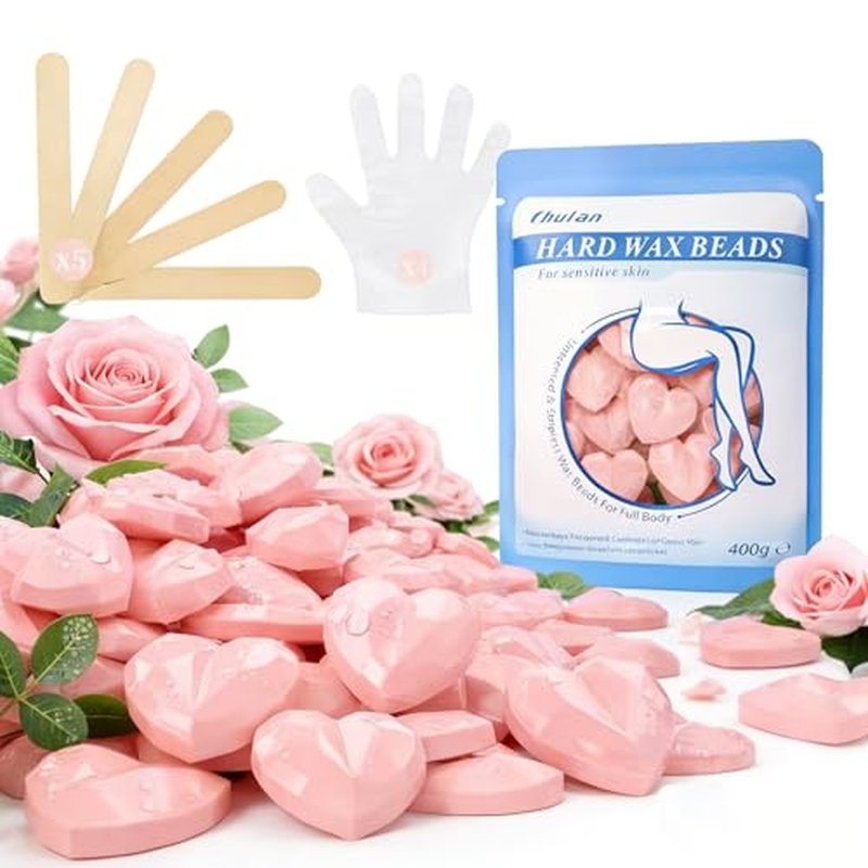 Chulan Hard Wax Beads, 400g Heart Hypoallergenic Wax Beans for Sensitive Skin, Unscented Waxing Bead for Coarse Hair Removal, Brazilian Waxing, Facial, Bikini, Legs, Armpits Women Home Pink