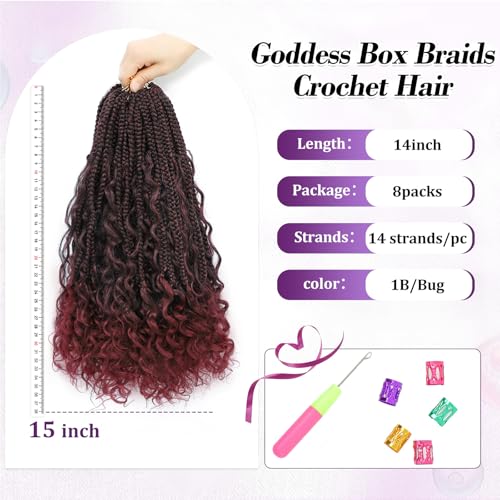 14 Inch Bohemian Goddess Box Braids Crochet Hair with Curly Ends - 8 Pack, T1B/BUG Variation