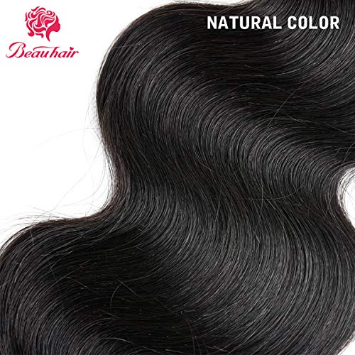 Beauhair Brazilian Body Wave Virgin Human Hair Bundles with 14x4 Lace Closure – 14, 16, 18 Inch, Natural Black