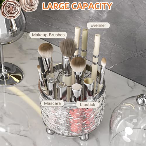 Makeup Brush Holder with Lid, 360¡Æ Rotating Cosmetic Tools Organizer with Cover, Dustproof Spinning Makeup Brush Organizer for Vanity, Ideal Gift for Girlfriend Wife Friends (Clear)