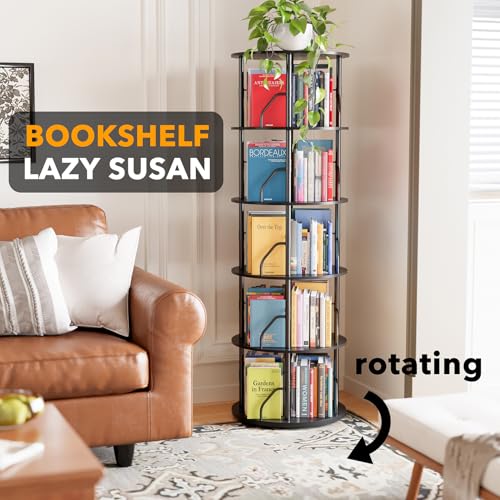 5 Tier Rotating Bookshelf Tower - 55.1 Inch Black Spinning Bookcase, Space Saving Corner Organizer