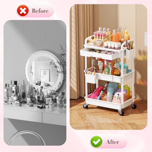 Makeup Cart Organizer with Drawers, Floor Skincare Organizers Vanity Storage Organizer, Rolling Makeup Bathroom Storage Cart Cosmetics Display Cases for Skin Care Perfume Nail Polish, White