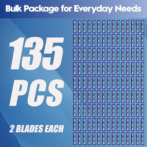 Twin Blade Disposable Razors for Men & Women ? Bulk 135 Pack Stainless Steel Shavers with Lubricating Strip, Safety Cap & Non-Slip Handle for Sensitive Skin, Travel, Hotel, Charity ? Blue