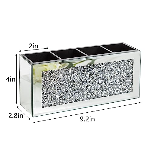 Mirrored Makeup Brush Holder Organizer with Crystals - Silver, 4 Compartments