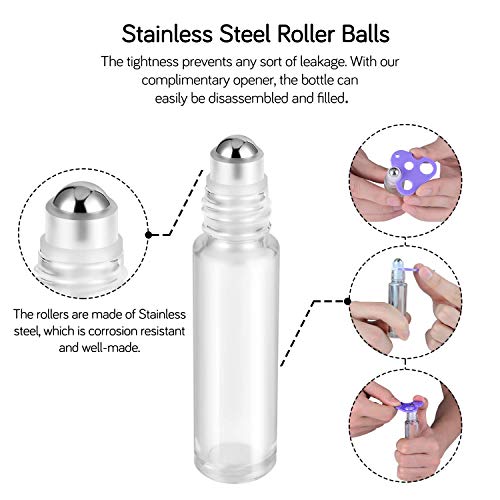 PrettyCare 60 Pack, 10 ml Essential Oil Roller Bottles with Stainless Steel Roller Ball - Bulk Refillable Leak-proof Empty Thick Clear Glass Roll on Bottles with Metal Caps for Travel, Perfume