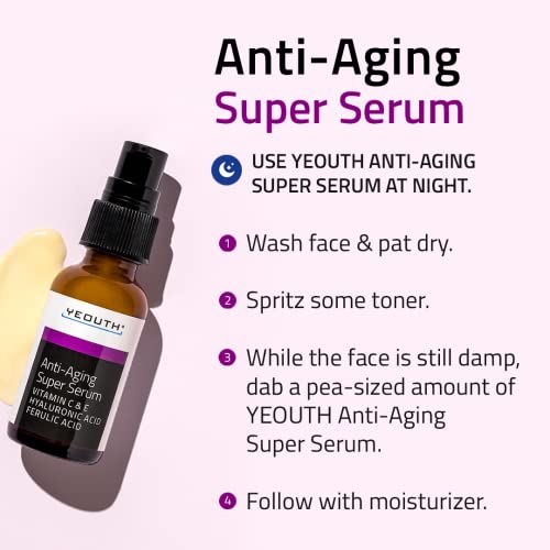 YEOUTH Anti Aging Serum for Face with Hyaluronic Acid, Ferulic Acid, Vitamin C and E, Hydrating Face Serum for Women and Men Targets Dull and Dry Skin 1oz (Pack of 2)