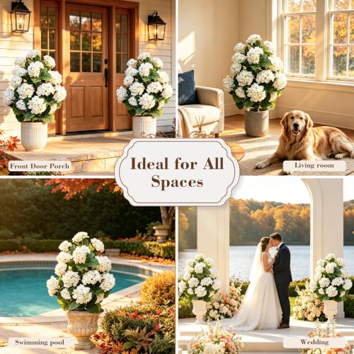 White Faux Hydrangea Tree Set - 2 Pcs 32 Inch Artificial Flowering Plants with Pot for Fall Decor