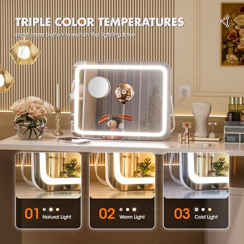Hasipu Vanity Mirror with Lights, 18" x 14" LED Makeup Mirror, 3 Modes Light, Smart Touch Control Dimmable, 360¡ÆRotation, Rectangle White Frame, with 5X Magnifying Glass