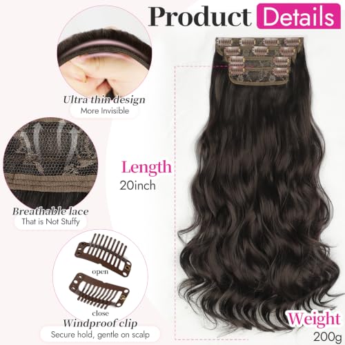 KooKaStyle 20 Inch Curly Clip-In Hair Extensions Rich Dark Brown with Silky Shine