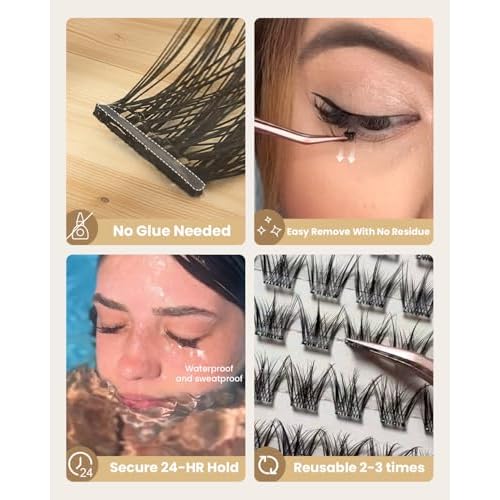 Self Adhesive Eyelashes Glue Free Lash Clusters Easy Removal Ultra Thin Lightweight Press on lashes Natural Wispy 10-14mm Fluffy False Eyelashes 90 Clusters Lash Clusters Kit