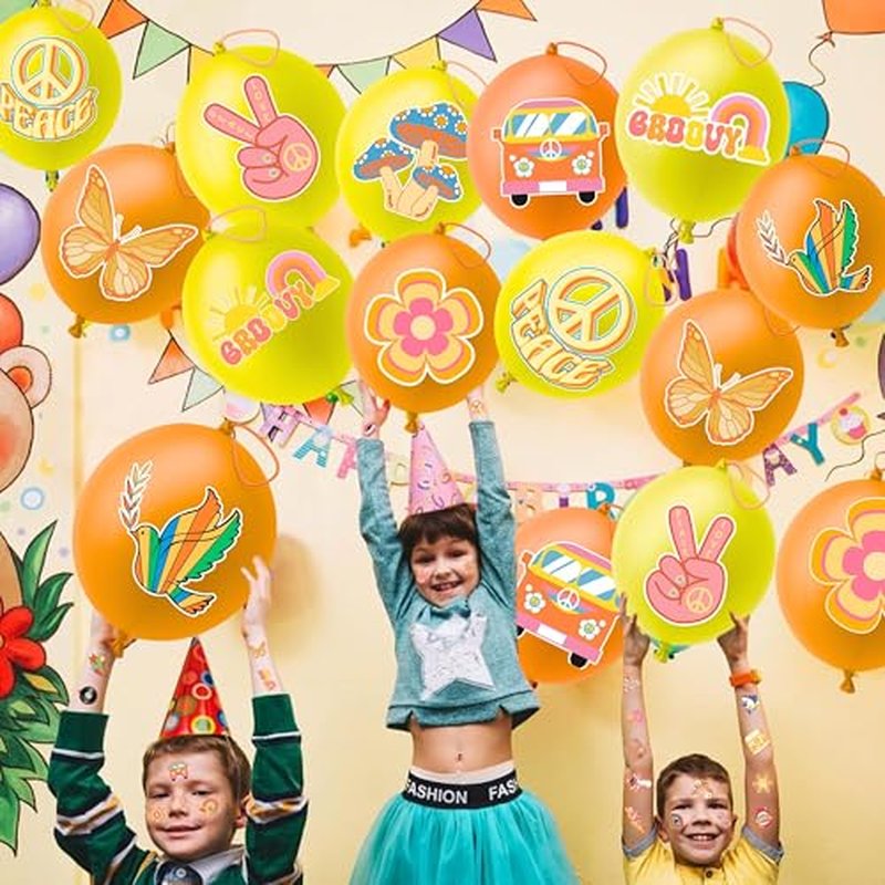 72 PCS Groovy Party Favors ? 48 Pre-Cut Temporary Tattoos & 24 Groovy Punch Balloons Themed Birthday Party Decorations Supplies Favors Gifts, Goodie Bag Fillers, Classroom Rewards for Boys and Girls