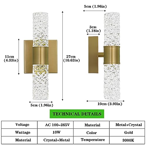 Crystal LED Wall Sconces Set of 2 - Gold Bathroom & Vanity Lights, Modern Crystal Wall Decor - Gold / 2 Light