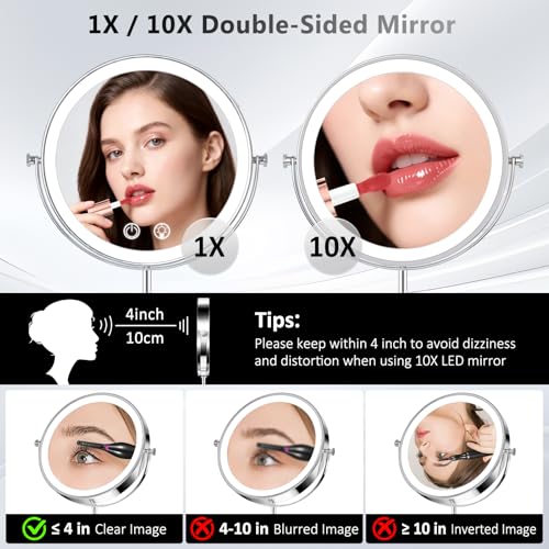 8-Inch LED Lighted Makeup Mirror with Adjustable Height & 10X Magnification