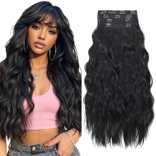 Soumnia 4PCS Black 24-Inch Soft Wavy Clip-In Hair Extensions - Model 1B#