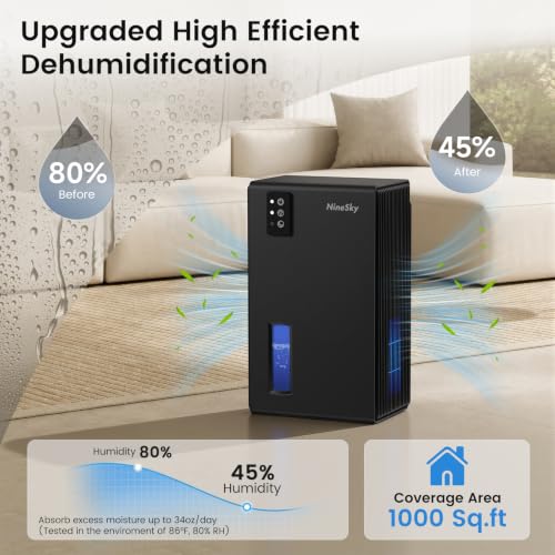 NineSky Black 1000 Sq.Ft Dehumidifier with 95oz Water Tank, Quiet & Smart Auto Shut-Off