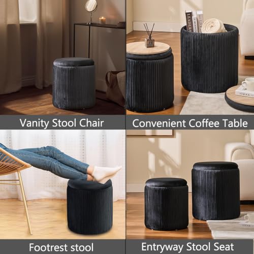 Black Velvet Round Ottoman Set of 2 with Storage & Removable Tray