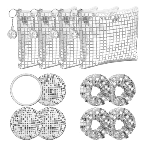 12 Pcs Disco Party Favors Disco Cosmetics Bag£¬Silver Glitter Sequin Makeup Handbag£¬Makeup Bag Hair Scrunchies Compact Mirror,70s 80s 90s Disco Party Favors Gifts for Women (4)