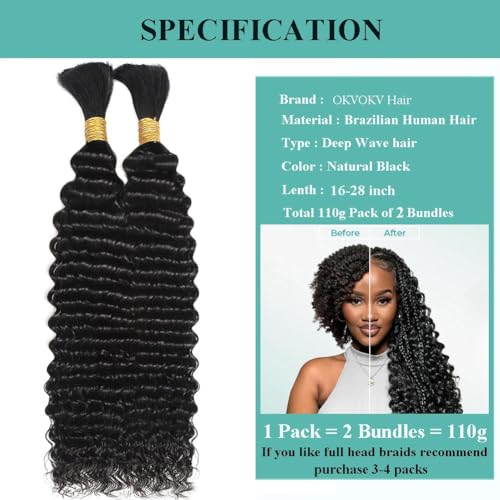 16 Inch Natural Black Deep Wave Human Hair for Braiding - Bulk Bundles, 110g